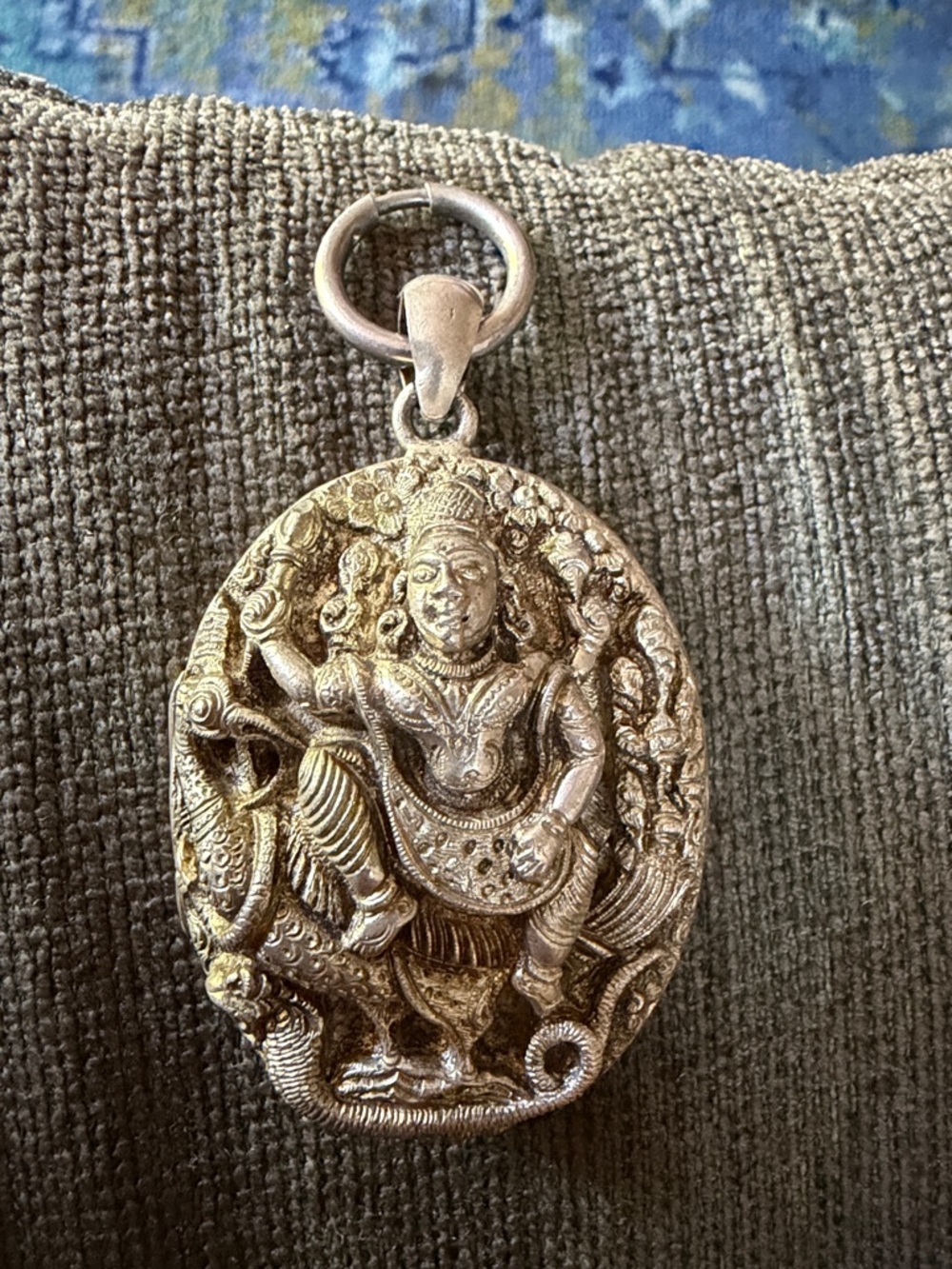 Ornate Silver Hindu Deity Oval Pendant